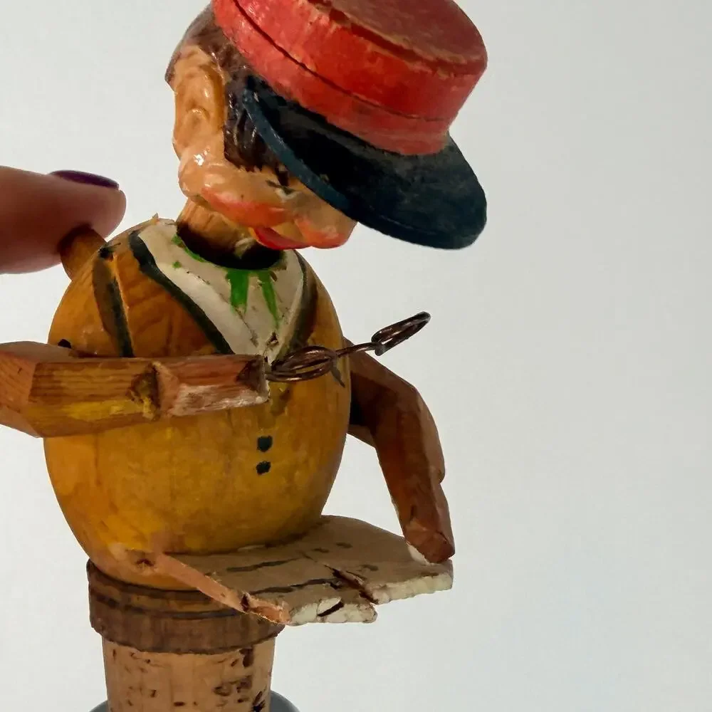 Anri Vintage Mechanical Bottle Stopper Carved Wood Cork‎ Base
